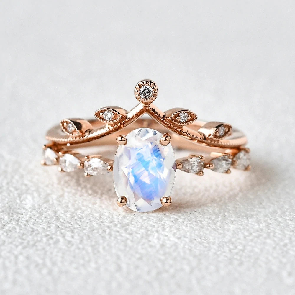 Trendy Jewelry Rose Gold Plated Pear Cut Natural Blue Moonstone Ring Set 925 Sterling Silver Ring Set