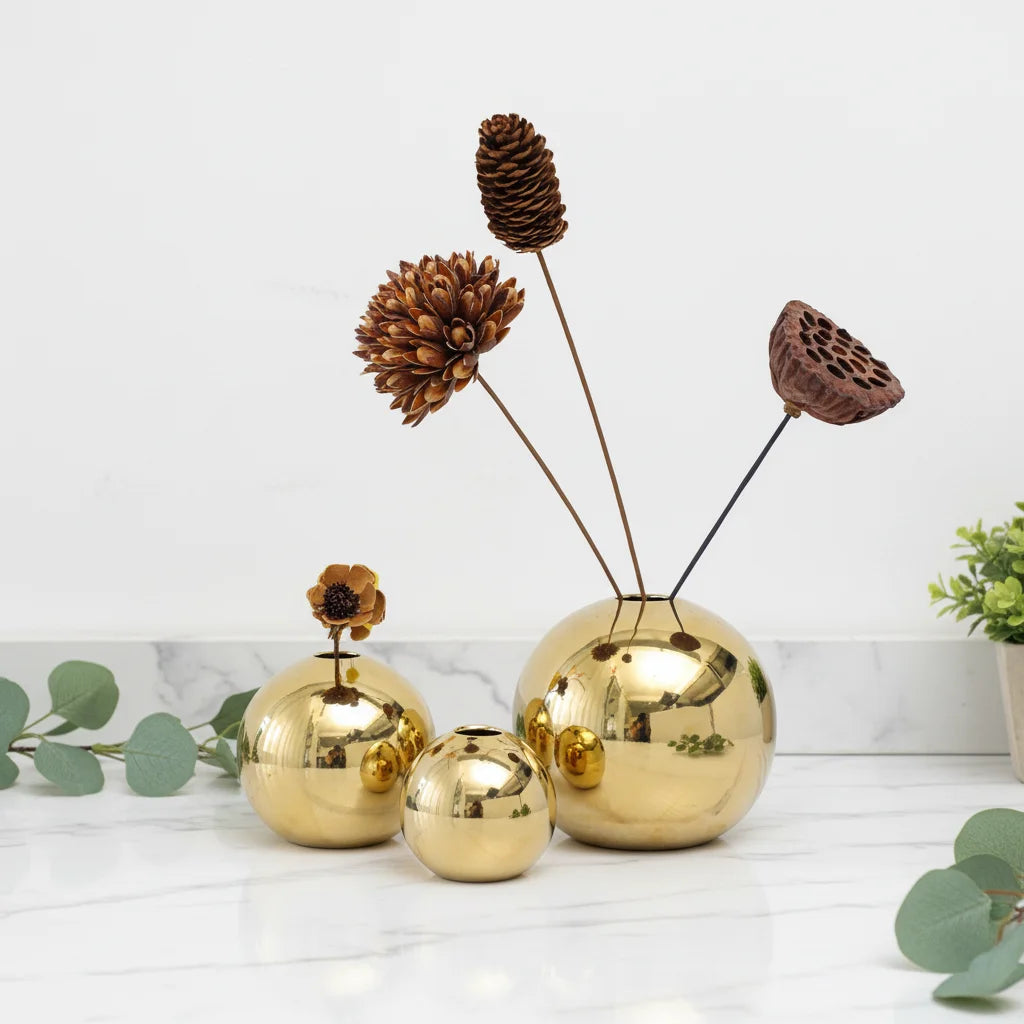 Liviceramic Porcelain Golden Flower Vase Round Luxury Flower Vase for Home Living Decoration