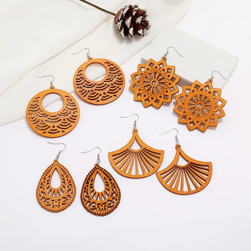 Natural Multilayer Geometric Teardrop Wooden Dangle Drop Statement Earrings Unique Handmade Lightweight Vintage Wood Earrings