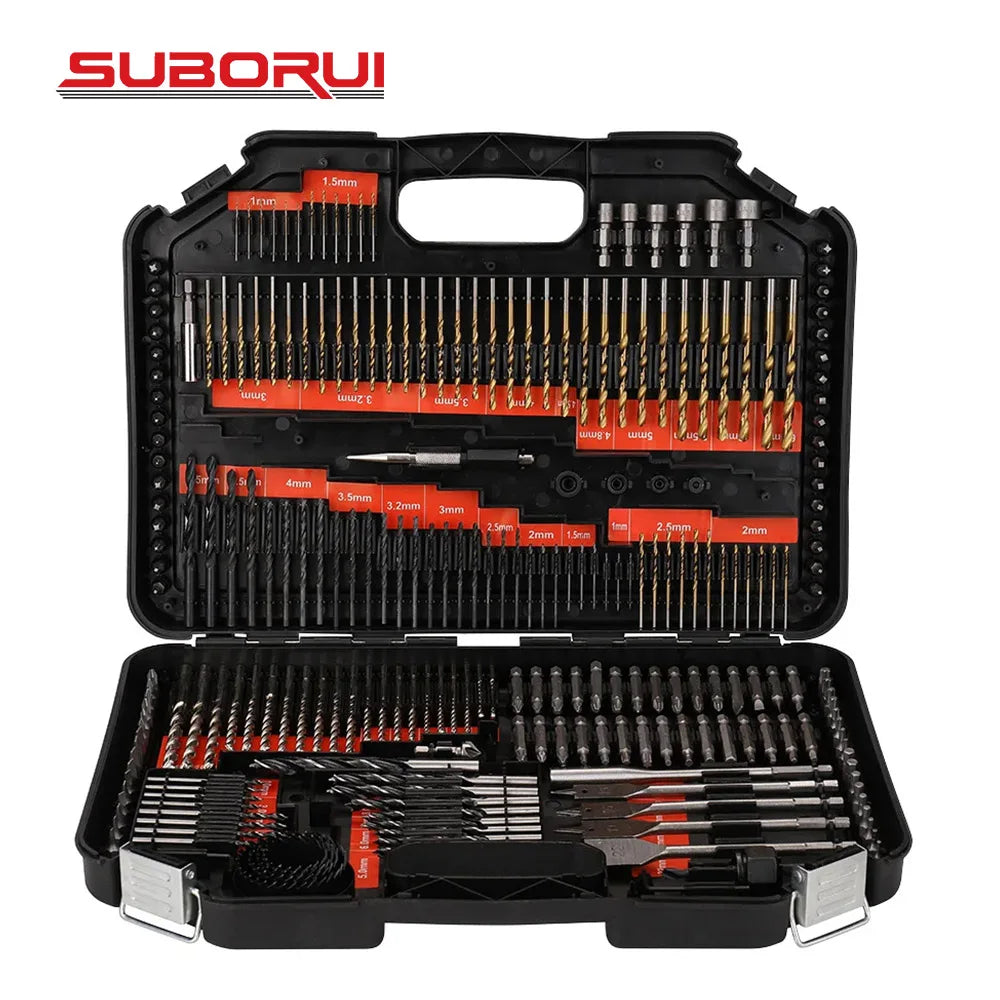 SUBORUI 246pcs Hss Titanium Metal Spade Masonry Wood Combination Tool Hole Saw Drill Bit Kit Set for Metal Woodworking Masonry