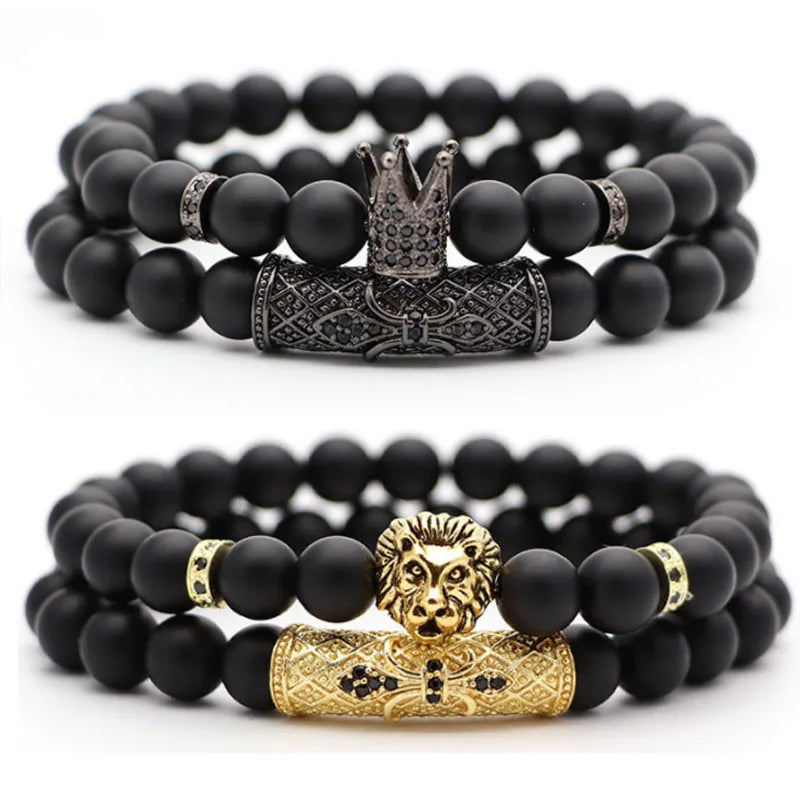 Vintage Classic Black 2-Piece Set Beaded Bangle Natural Glass Stone CZ 8mm Disco Dance Charm Unisex Gold Fashion Jewelry