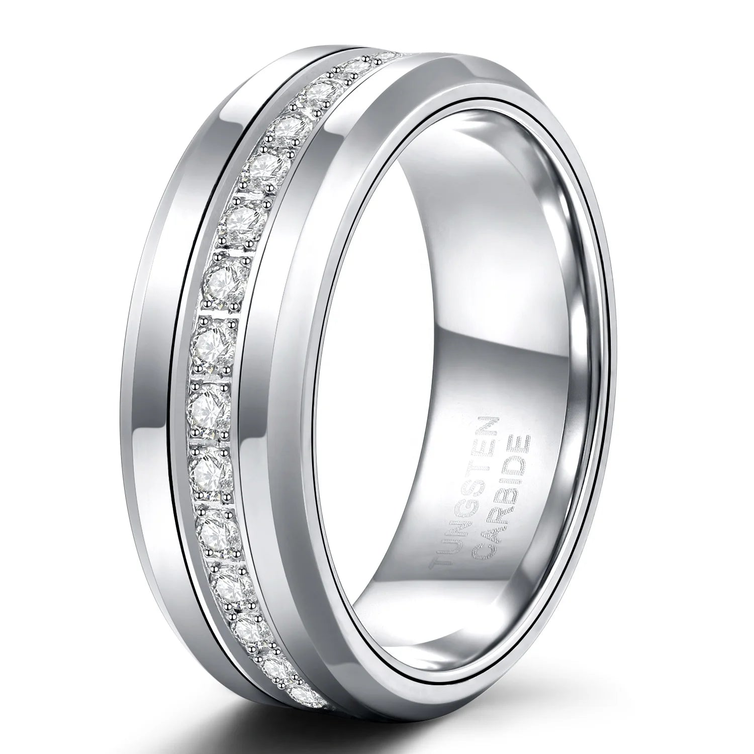 OAHLAN Fashion Jewelry Rings 6mm 8mm Cubic Zirconia Inlay Tungsten Carbide Rings High Polished Silver Wedding Band for Men Women
