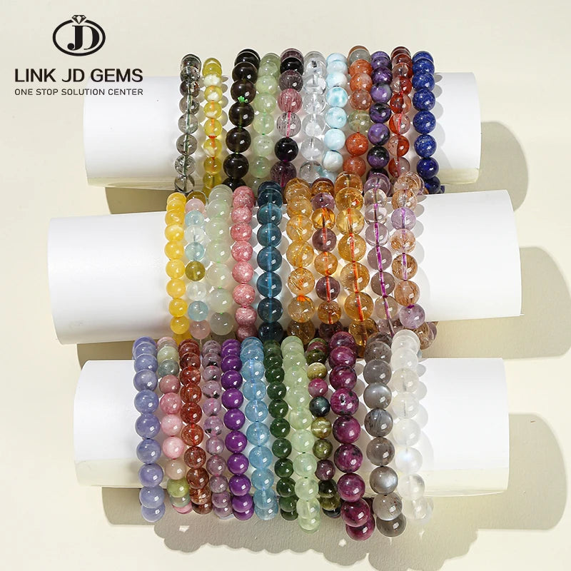 JD GEMS Trendy Anniversary Semi Precious Gemstone Stretch Bangles Natural Prehnite Quartz Larimar Lapis Lazuli Stone Beaded