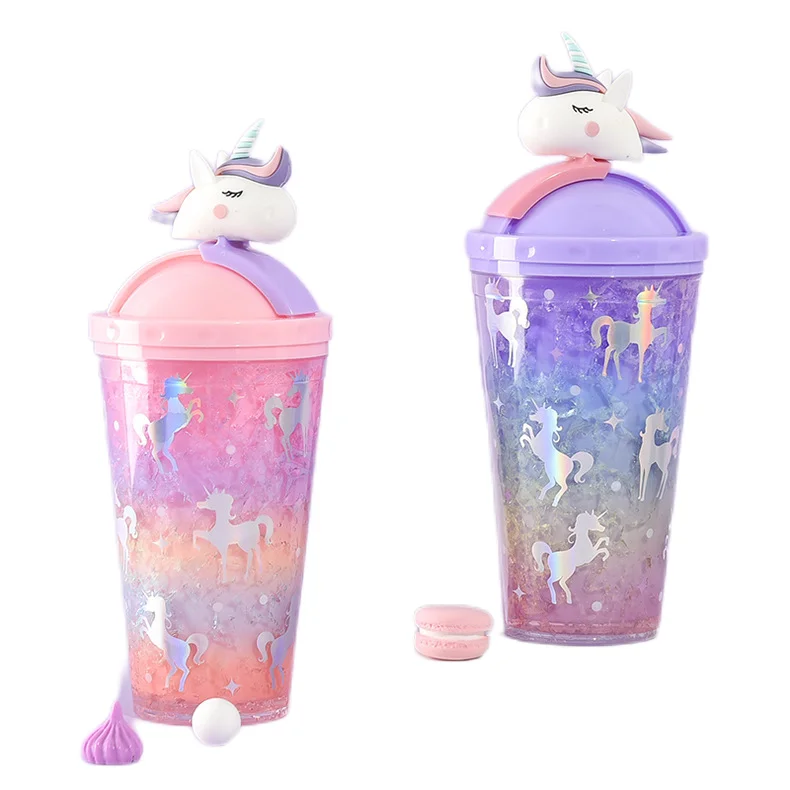 Madou 430Ml Summer Unicorn Cute Mug Direct Drinking Rainbow Double Wall Plastic Lid Bottle Convenient Straw Type Water Container