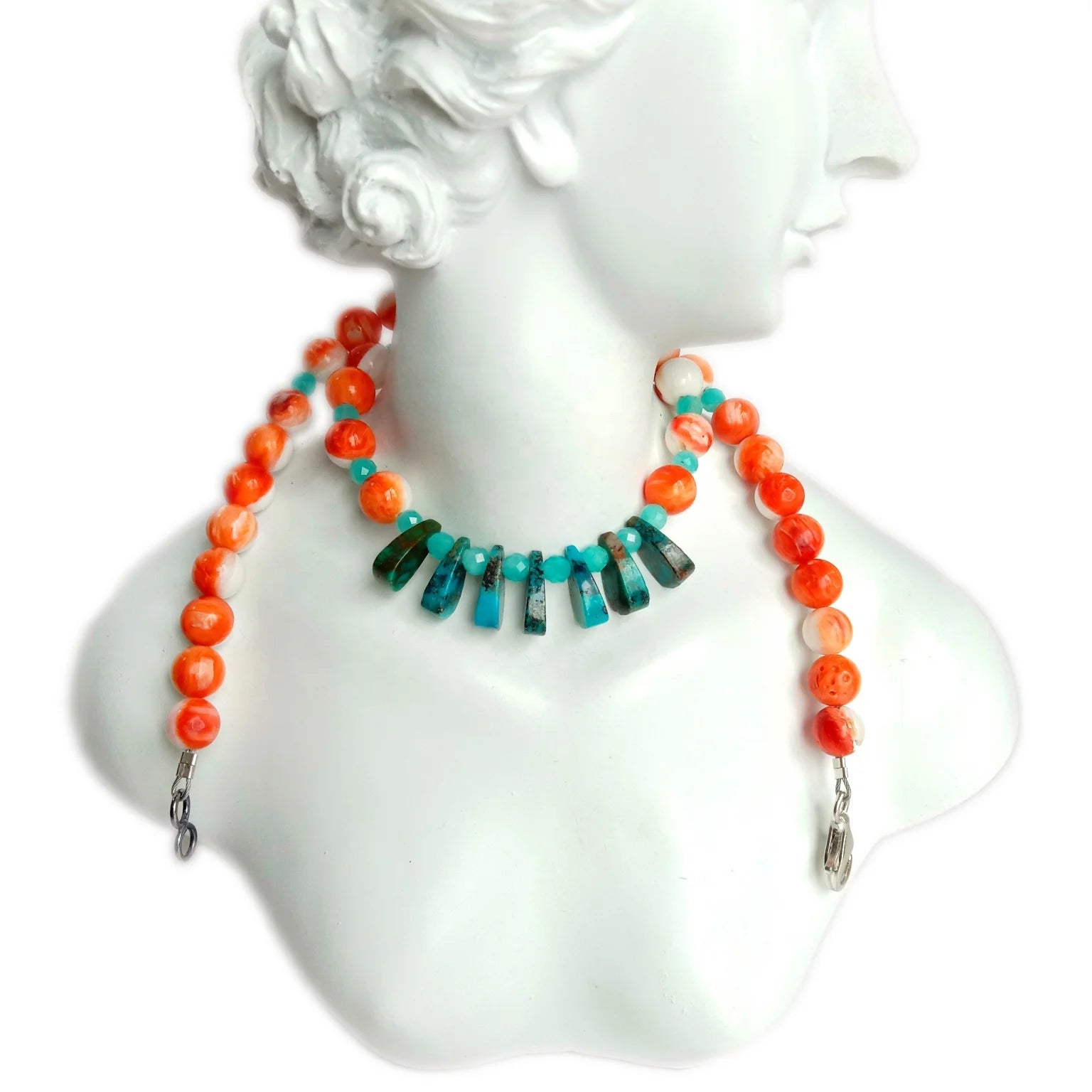 Natural Turquoise Spiny oyster Amazonite Gemstone 925 Sterling Silver 16 Inch Strand Necklace