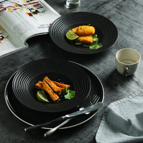8 Inch Ceramic Dinner Plate Pasta Bowl Hat Shape Wide Rim Stripe Contemporary Design Deep Porcelain Hotels Service