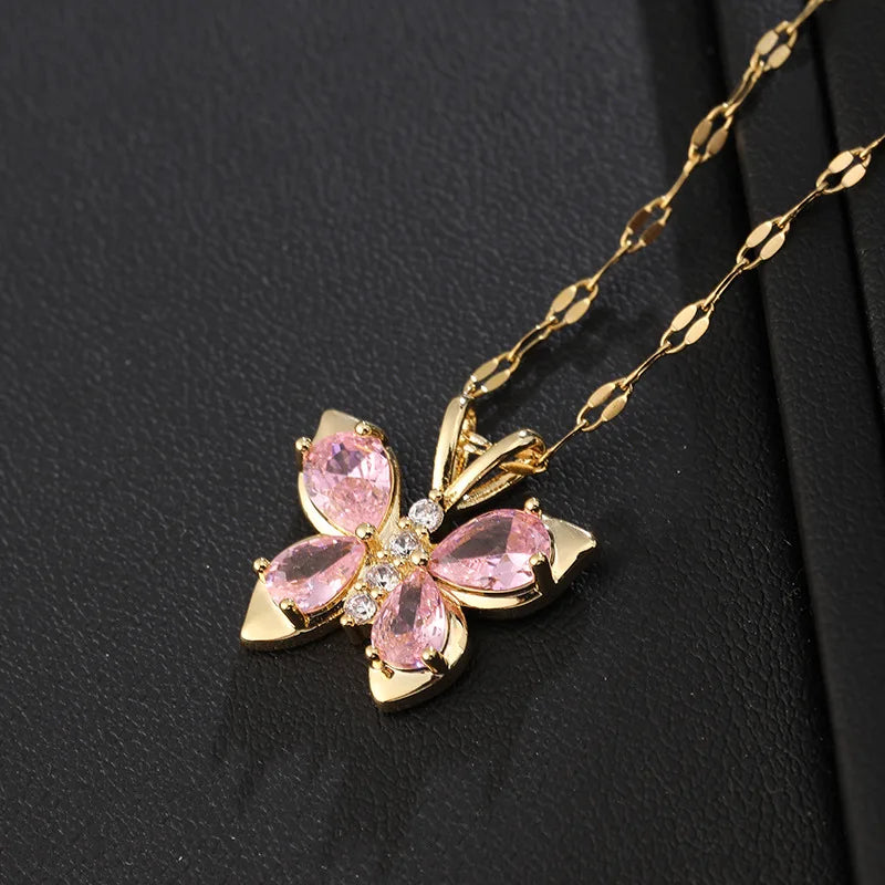 Collar De Cristal Wholesale Price Butterfly 18k Gold Plated Stainless Steel Necklace Pink Butterfly Zircon Necklace