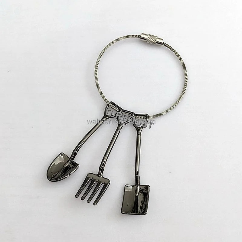 Miniature Farming & Gardening Tool Keychain Set Includes Pitchfork Spade and Shovel