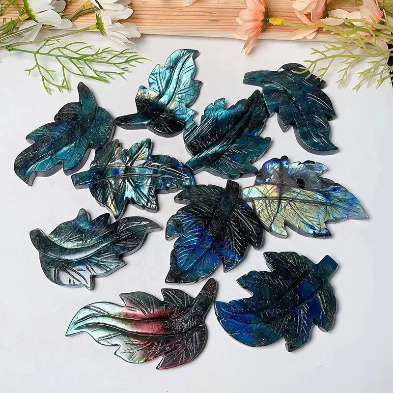 Flashy Labradorite Crystal Tree Leaf Natural Rock Labradorite Stone Crystal Carving Leaf for Decoration
