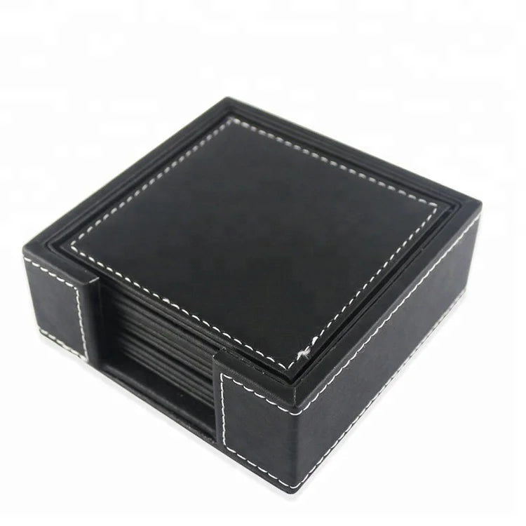Custom Durable Promotional Plain Black square Leather Coasters Cup Pu Leather coaster