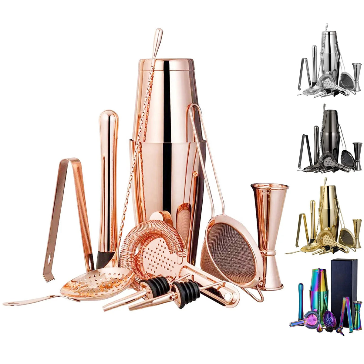 CAMOL FACTORY Premium Custom 11 Pieces Stainless Steel Bartender Kit Weighted Boston Cocktail Shaker Making Set Rose Gold