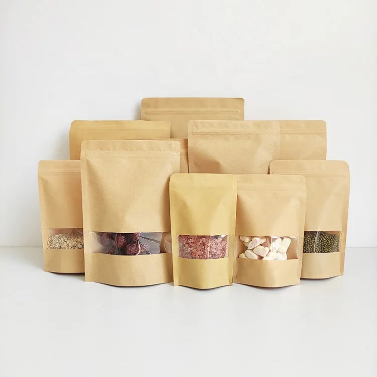 22x31cm Premium Quality Big Size Brown Kraft Paper Bag Heat Seal Food Grade Stand up Kraft Pouches with Window