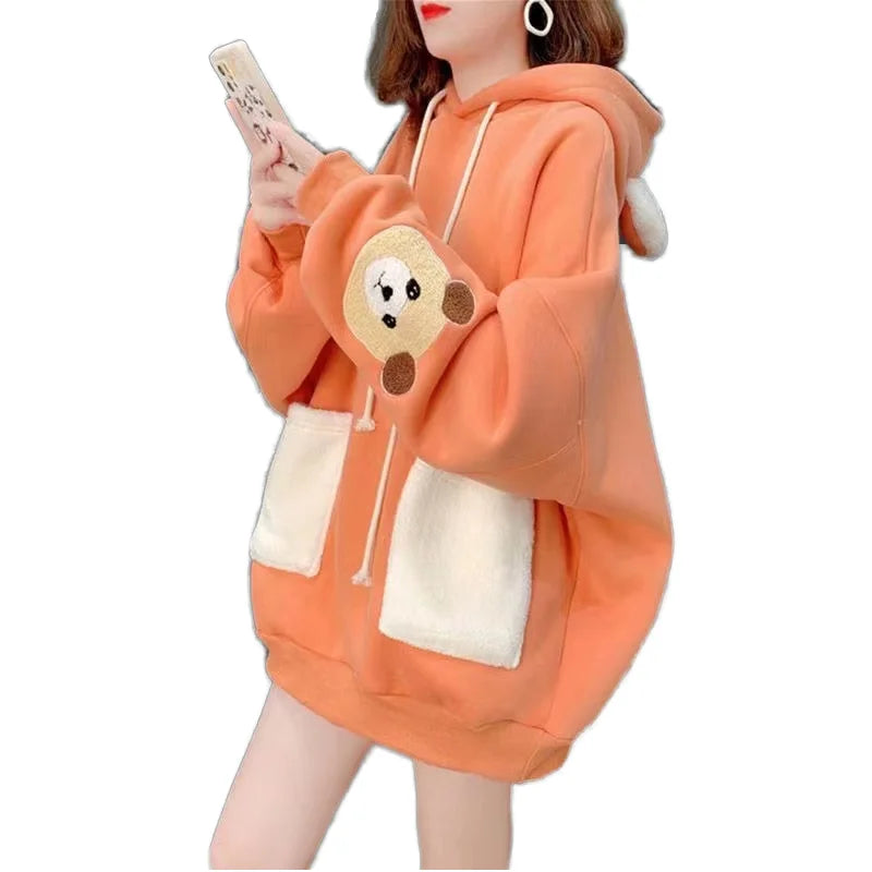 Autumn Winter Trendy Thick Fleece Women Hooded Sweatshirt Korean Loose and Leisure Style Velvet Jacket Hoodie for Women