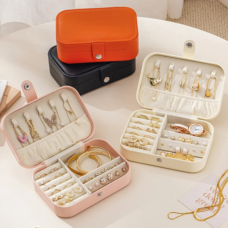 Hot Sale Small Portable Leather Jewelry Case Snap Button Girls Ear Stud Box Organizer Rectangular Rectangle Square for Travel
