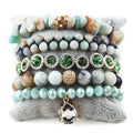 New Design Elastic Natural Chip Stone Crystal Glass Two Layer Bracelet Shiny Rhinestone Drop Pendant Stack Bracelet Set