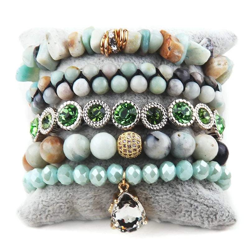 New Design Elastic Natural Chip Stone Crystal Glass Two Layer Bracelet Shiny Rhinestone Drop Pendant Stack Bracelet Set