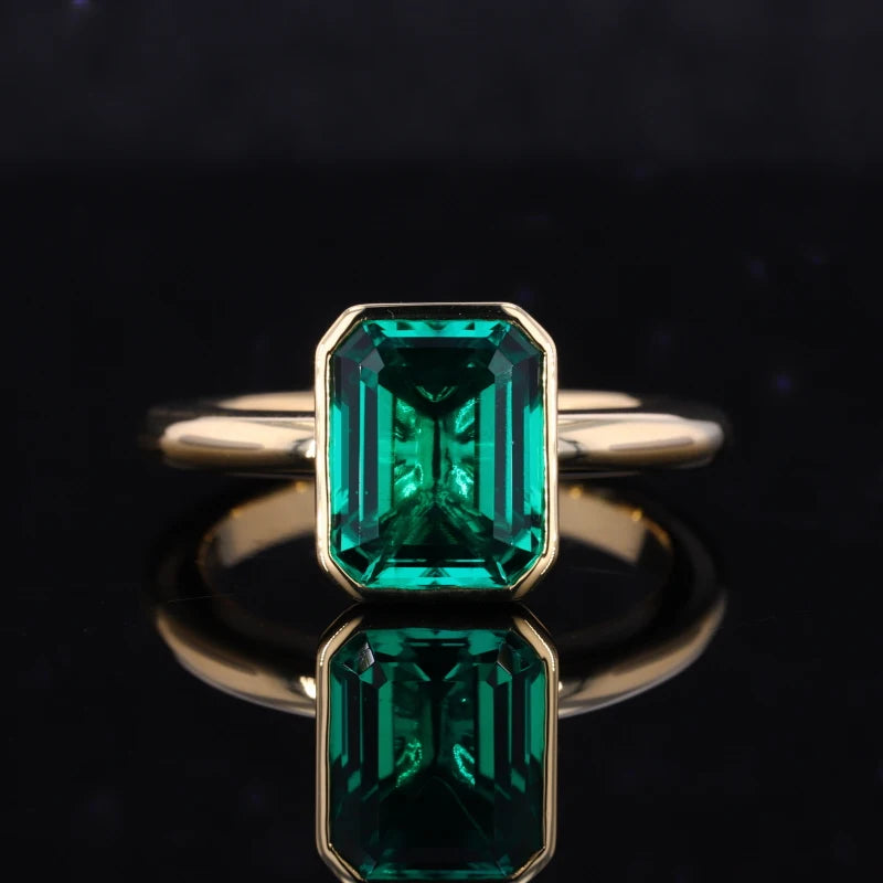 Lab Emerald Ring 10K Yellow Gold Engagement Rings Fashion Lab Grown Emerald Diamond Ring