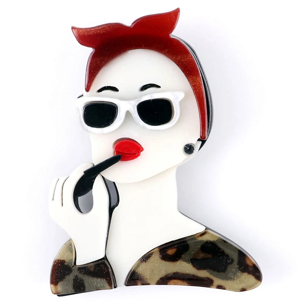 Women's Daily Activities Hijab Clothing Accessories Smoking Red Lip Bow Leopard Print Acrylic Brooch for Wedding