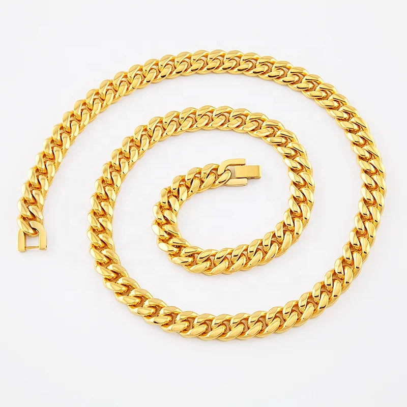 Miami Hip Hop Stainless Steel Custom Gold Plated 10mm Cuban Link Chain Necklace
