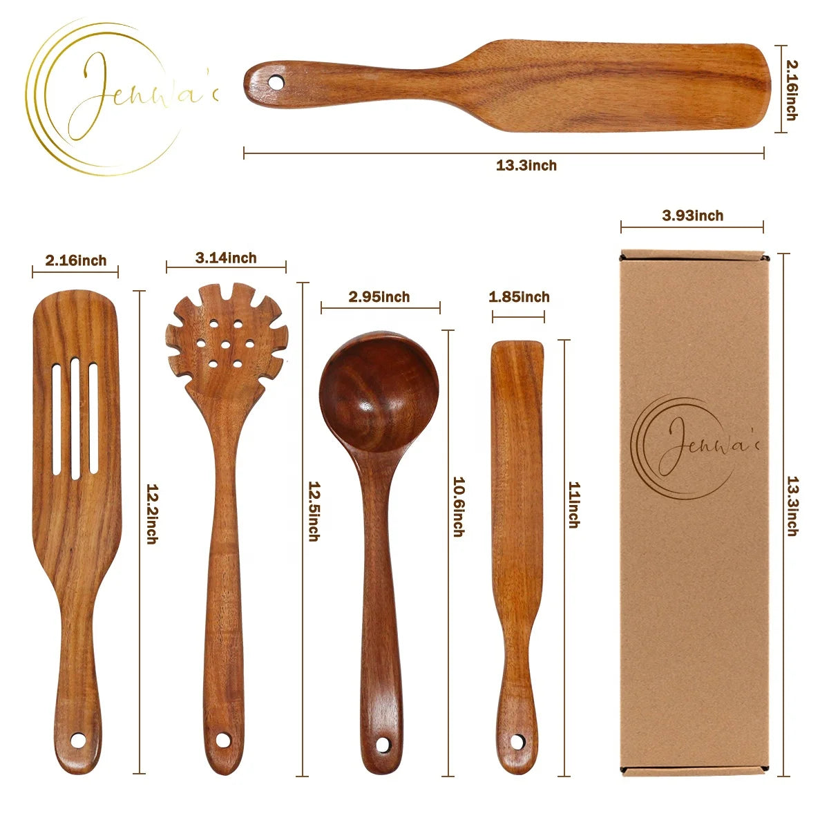 Set of 5 Eco-Friendly Non-Stick Natural Teak Wood Spatulas with Hand Grip Slotted Design for Kitchen Cooking Utensils