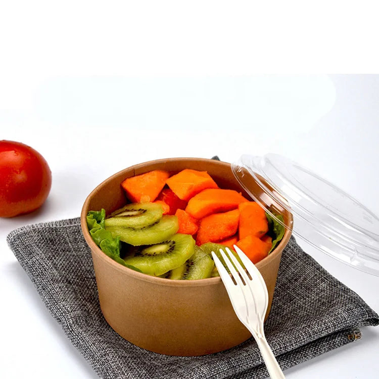Wholesale Food Grade Disposable Kraft Paper Bowl Round Salad Noodle Container with Lid