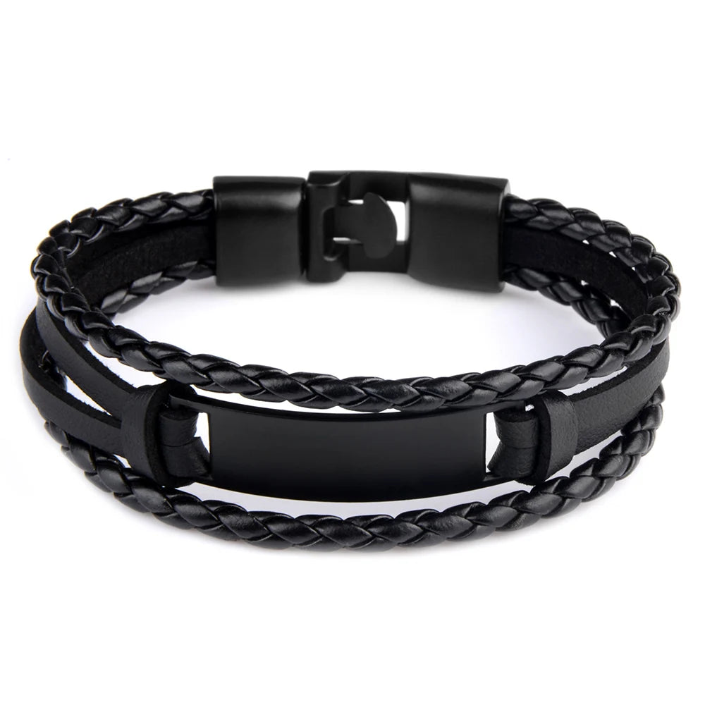 Multi Layer Men Braided Real Leather Alloy Buckle Clasp Bracelet With Custom Logo