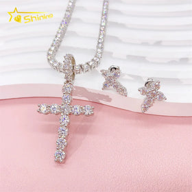 Shining Jewelry 18k Gold 925 Silver Moissanite Cross Necklace Pendant With Stud Earrings Wedding Jewelry Sets