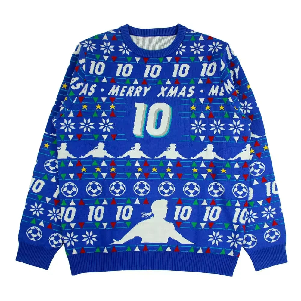 Customized Full Knitted Ugly Football Sweater Top with Jacquard Pattern Round Neck Knitted Custom Basketball Pullover