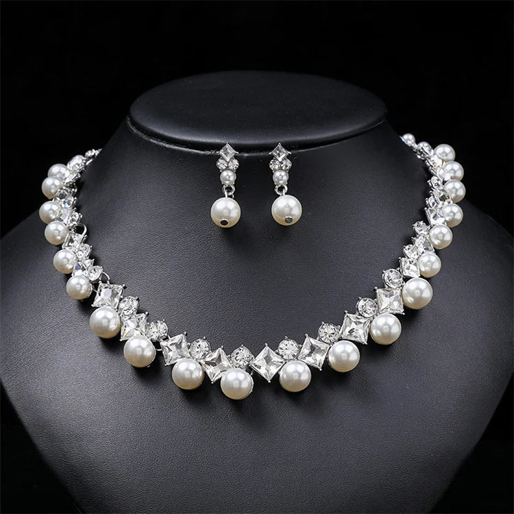Wholesale Royal Vintage Elegant Luxury Beautiful Natural Pearl Square Diamond Bridal Wedding Jewelry Set