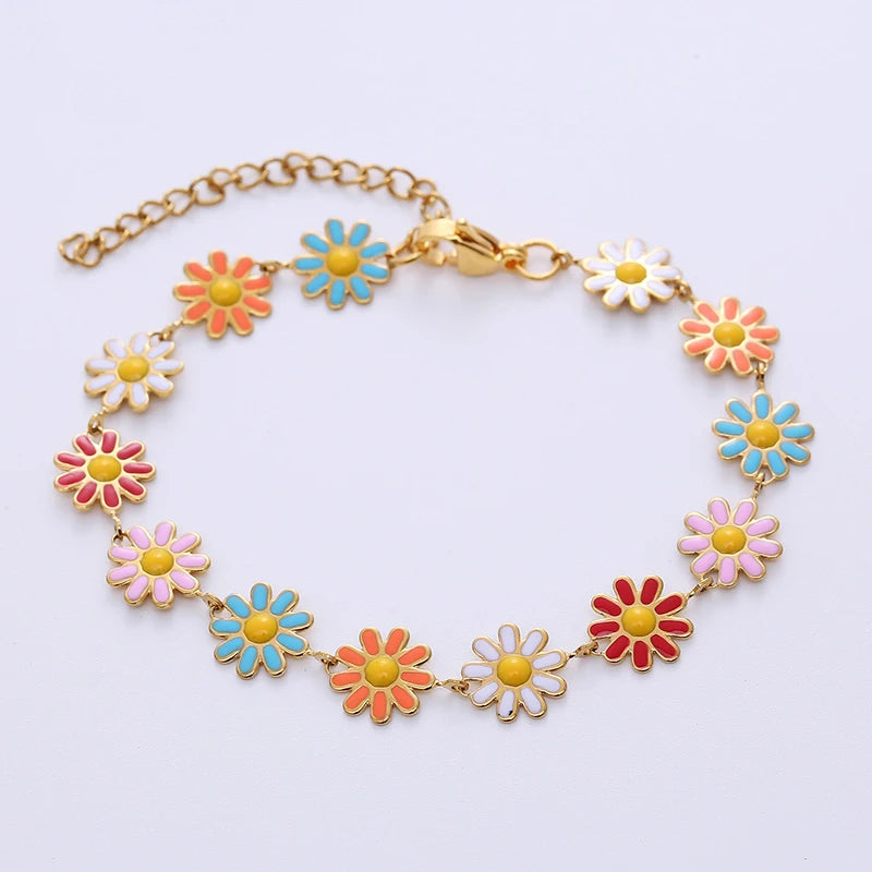 Dainty Bohemia Stainless Steel Chain Bracelet with Lucky Daisy Flower Enamel Charm for Women and Girls