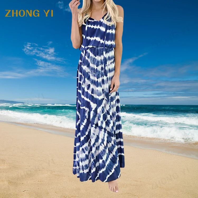 Custom New Arrival Summer Lady Dress Bohemian Beach Spaghetti Strapped Sundress Tie-dye V Neck Vacation Loose Boho Maxi Dresses