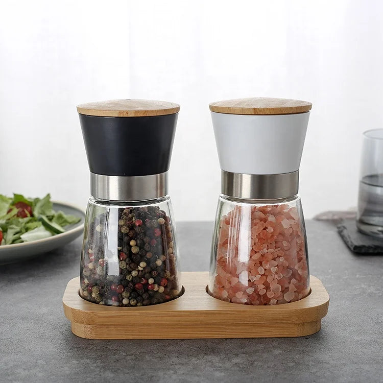 2026 Top Seller Kitchen Accessories Herb & Spice Tools Salt and Pepper Grinder Set with Bamboo Base and Spice Jars