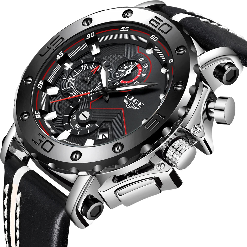 LIGE LG9899 Custom Logo Big Dial Leather Band Quartz Watch for Men Small Three Needle Luminous Hands Watch Sport Montre Homme