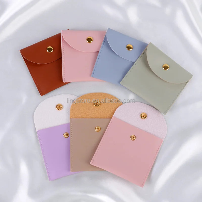 8x8cm New Style Luxury Custom PU Leather Jewelry Packaging Pouch Pink Black Green Envelope Pouch with Gold Button