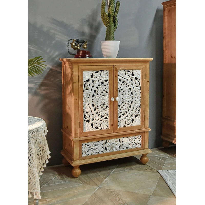 Farmhouse Rustic Style Storage Kitchen Furniture White Flower Carved Wood Sideboard Cabinet for Living Room