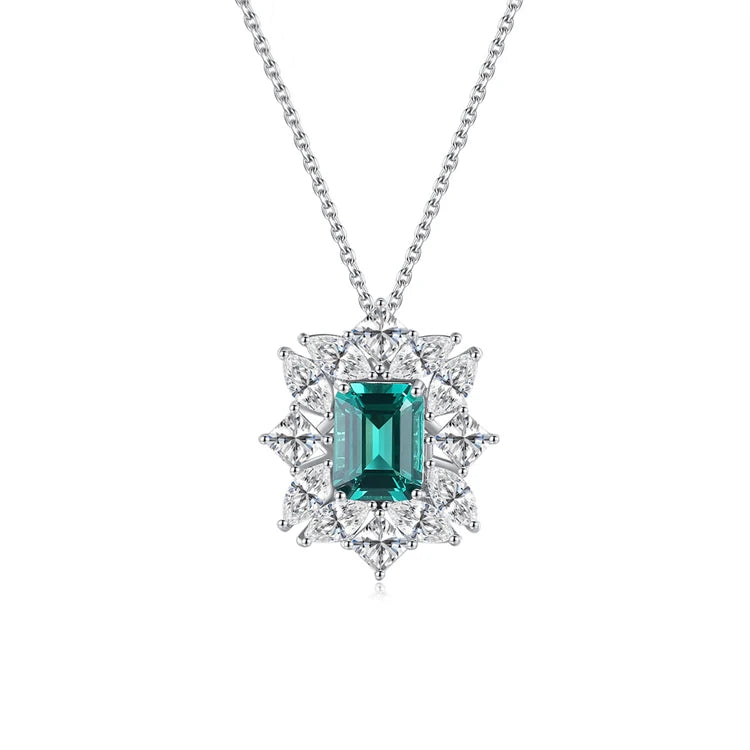 Luxury Fine Jewelry Snowflake Pendant 925 Sterling Silver Square Shape Gemstone Emerald Necklace for Women