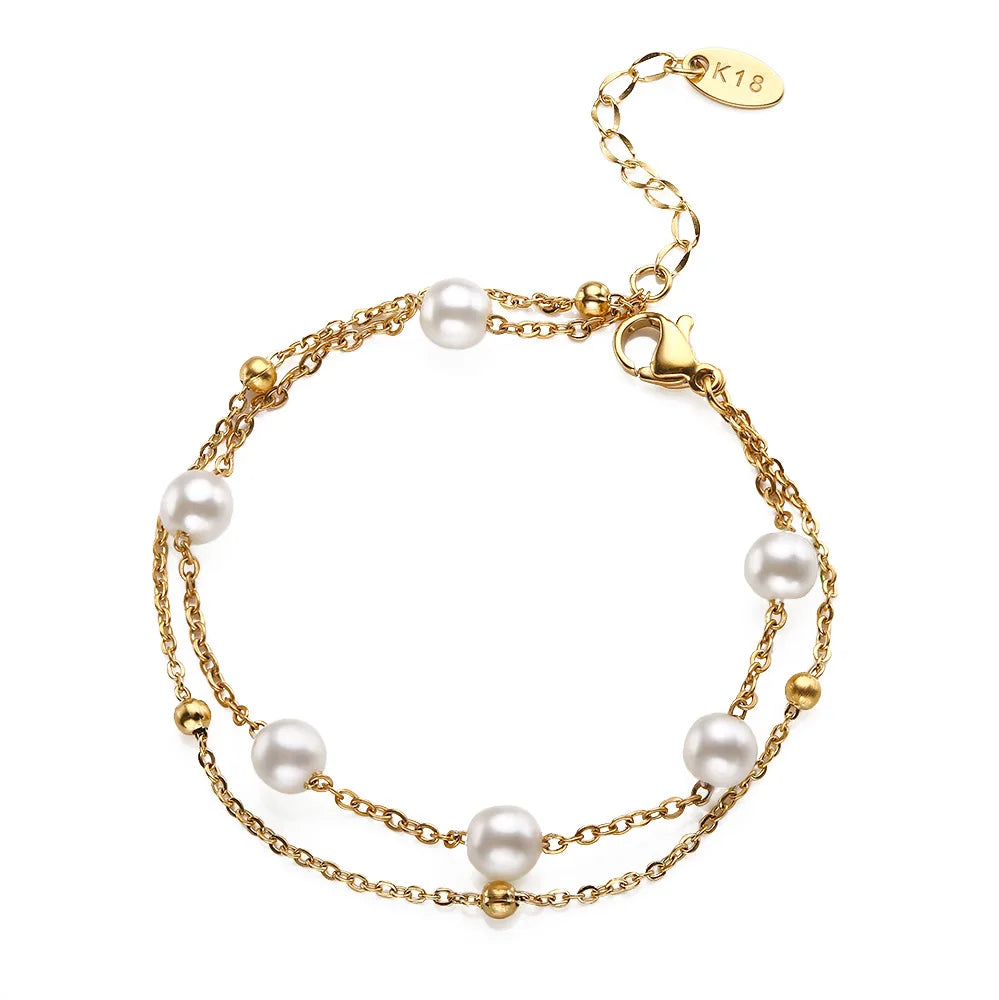 Women's Stainless Steel Adjustable Double Layer Pearl Bracelet Fashion Charm Bracelets