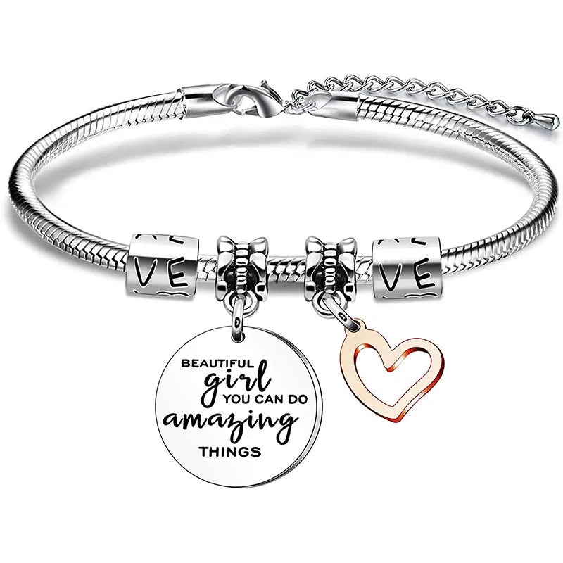 SC 2022 New Hot Sale Stainless Steel Engraved Letters Bangle Bracelet Heart Disc Charm Bracelet Girl's Gift of Encouragement