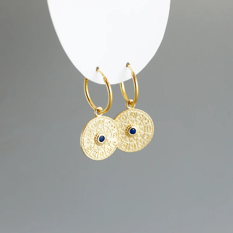 2022 New 925 Sterling Silver Round Disk Compass Hoop Earrings for Women Classic 18K Gold with Diamond and Zircon Stones