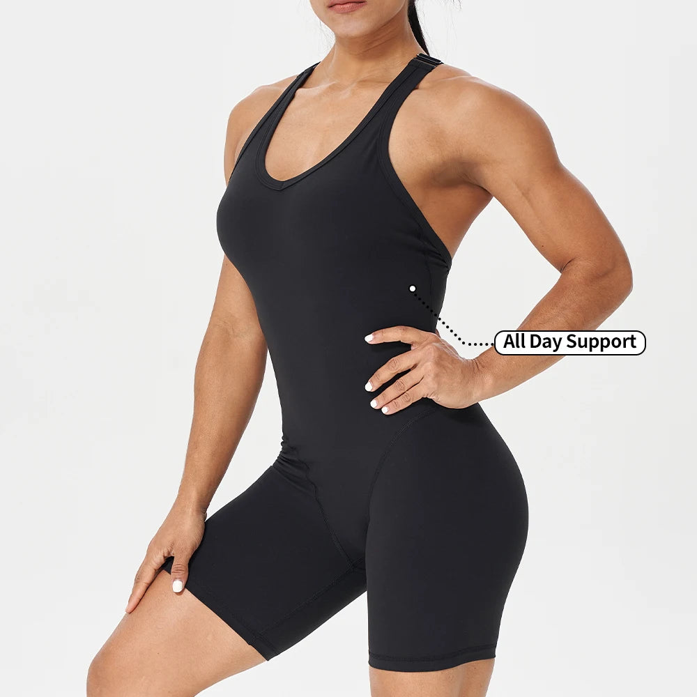 Custom Women Bodysuit High Elastic Workout Romper One Piece Gym Fitness Short Yoga Jumpsuit