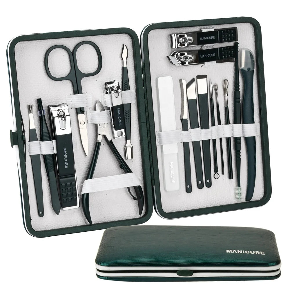 Wholesale Green Manicure Set Nail Clippers Pedicure Kit 18 Pieces Large Nail Clipper Kit Custom Pedicure Kit Logo