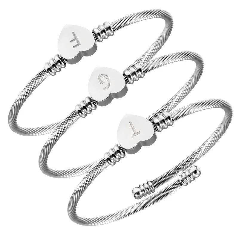 Lady Stainless Steel Expandable for Bracelet Heart Charm Engraving 26 Letter Engraved Cable Wire Bangle Fashion Accessory for