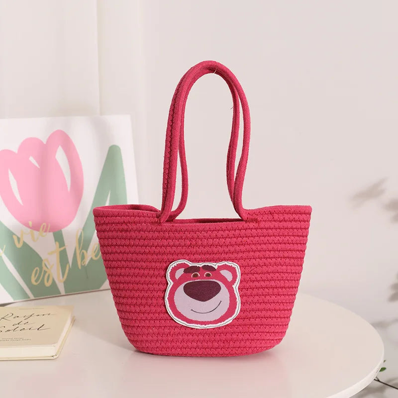 Handmade Cotton Rope Braided Strawberry Bear Beach Bag for Girls Trendy Custom Shopping Bags Two Fashionable for Summer Winter