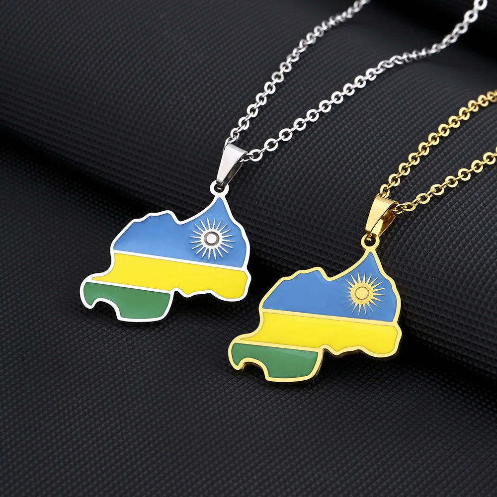 Enameled Rwanda Map Chain Necklaces Stainless Steel 18K Gold Plated Enamel Rwanda National Flag Map Pendant Necklace