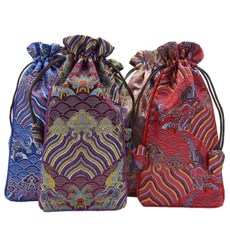 Customized Logo Purple Satin Bead Bags Elegant Chinese Style String Pouch with Drawstring for Textile Packaging