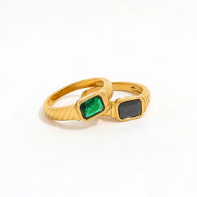 Fenny 18K Gold Plated High End Ready to Ship No Fade Fashion Delicacy Green&Black Glass Ring Stainless Steel Wholesale Jewelry
