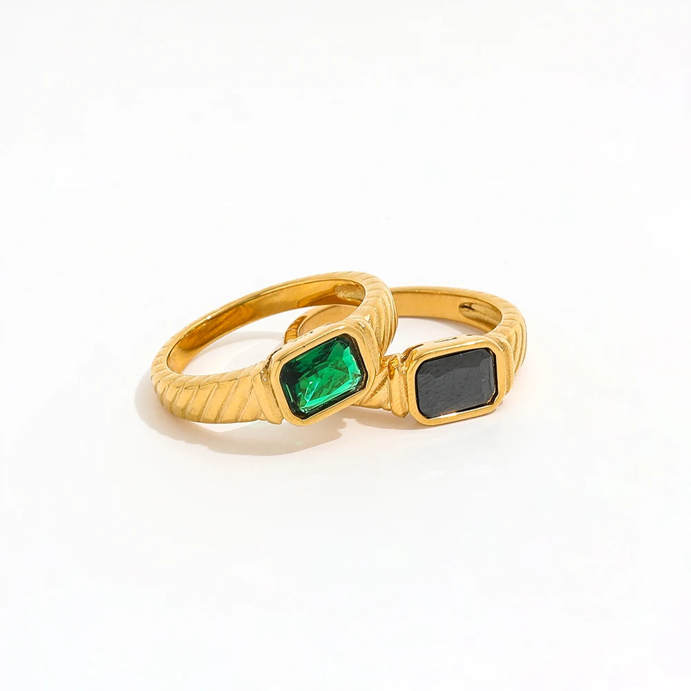 Fenny 18K Gold Plated High End Ready to Ship No Fade Fashion Delicacy Green&Black Glass Ring Stainless Steel Wholesale Jewelry