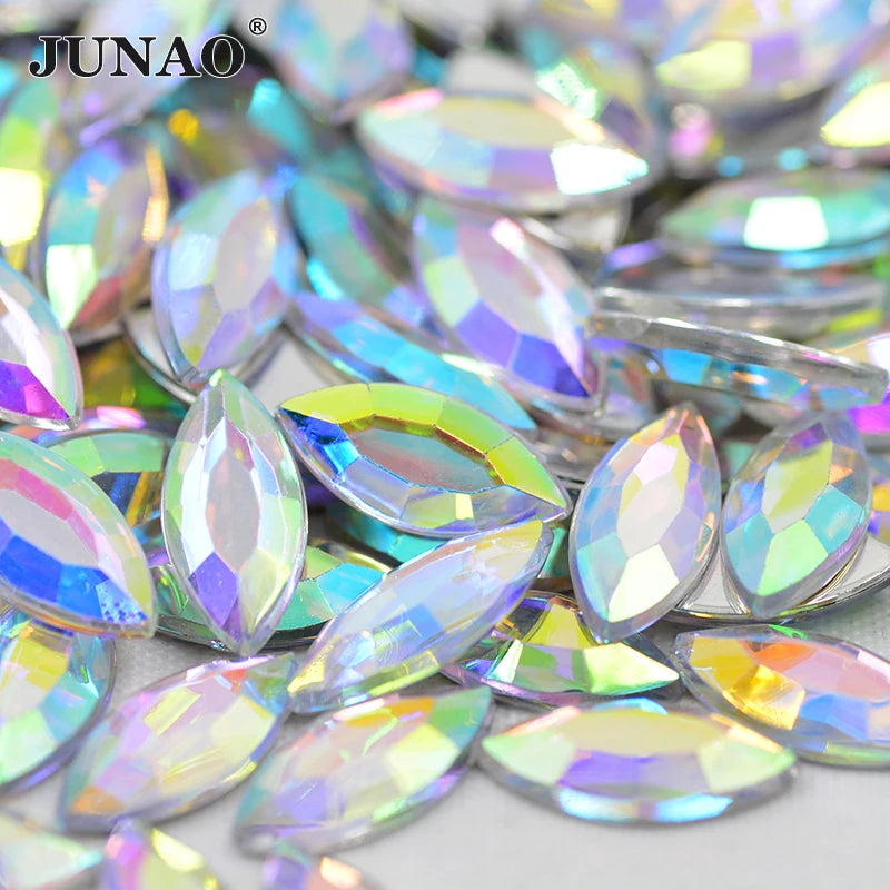 JUNAO Factory Hot Sell 7*15mm Horse Eye Acrylic Strass Gems Non Hotfix Crystal AB Rhinestone for Wedding Dresses