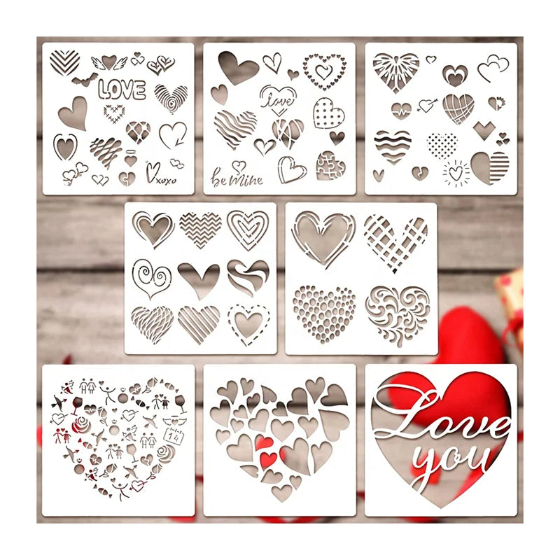 8 Pieces Valentine's Day Stencil Heart Painting Stencil Reusable Drawing Template Set