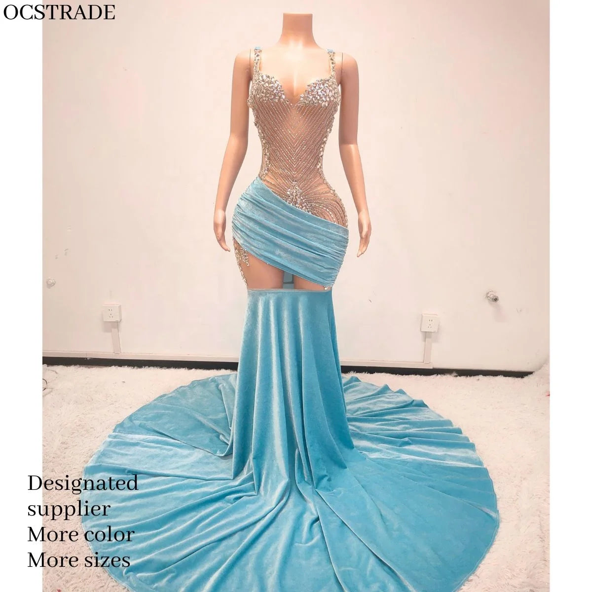 Ocstrade Sparkly Women Sky Blue Maxi Evening Dresses Custom Formal Rhinestone Long Ball Gown Party Prom Dresses 2024 Elegant